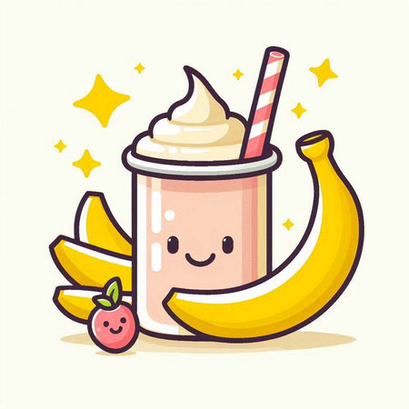 Smiling banana smoothie with whipped cream and fruits. Vector illustration.のイラスト素材
