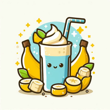 Cute cartoon banana smoothie with whipped cream. Vector illustration.のイラスト素材