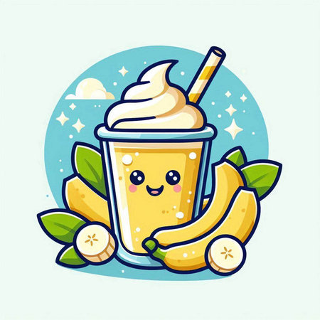 Banana smoothie with whipped cream in cartoon style. Vector illustration.のイラスト素材