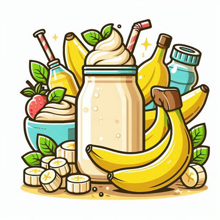 Banana smoothie in a jar with ingredients. Vector illustration.のイラスト素材