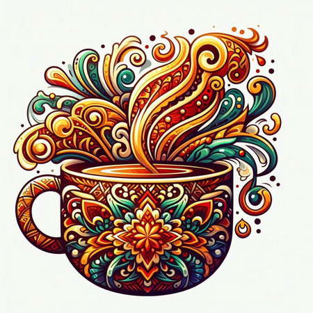Vector hand drawn cup of coffee with floral pattern. Colorful ethnic illustrationのイラスト素材