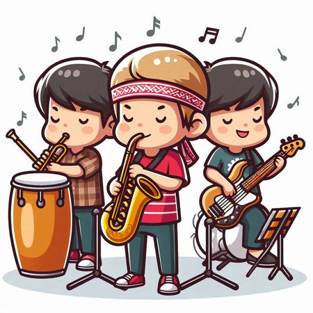 Children playing musical instruments. Vector illustration of kids playing musical instruments.のイラスト素材