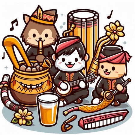 Cute cartoon kawaii kids playing musical instruments. Vector illustration.のイラスト素材