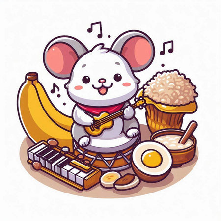 mouse playing the musical instruments. Vector illustration of a cute cartoon mouse.のイラスト素材