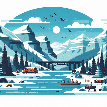 Winter landscape with mountains, river, bridge and forest. Vector illustrationのイラスト素材