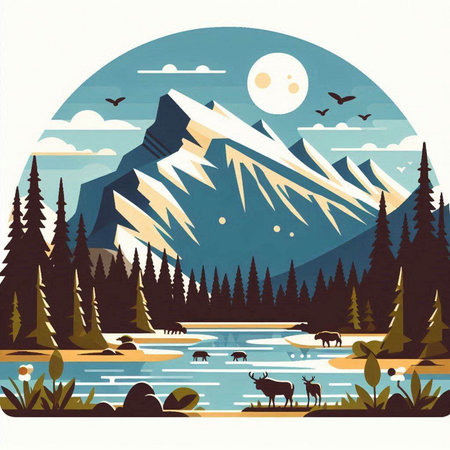 Mountains and lake with reindeers. Vector illustration in flat styleのイラスト素材