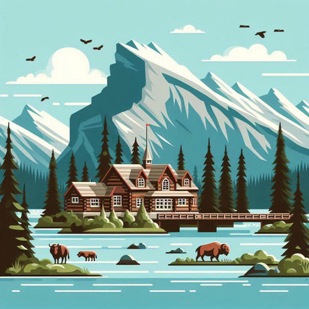 Vector illustration of a mountain landscape with a wooden house and a river.のイラスト素材