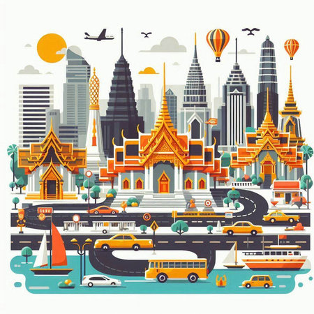 Thailand travel concept. Landmarks of Bangkok. Vector illustration.のイラスト素材