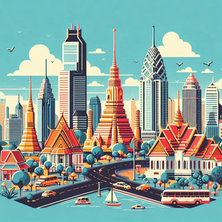 Bangkok cityscape with famous buildings and skyscrapers, vector illustrationのイラスト素材