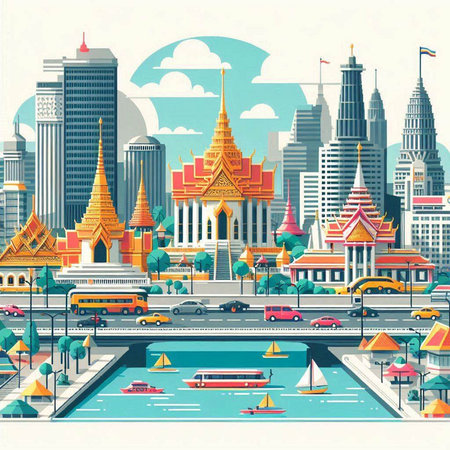 Bangkok, Thailand cityscape with famous landmarks and traffic. Vector illustration.のイラスト素材