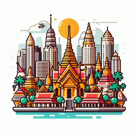 Thailand travel vector illustration. Landmarks of Bangkok, Thailand.のイラスト素材