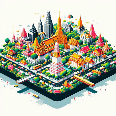 Thailand isometric city background with famous landmarks and attractions. Vector illustrationのイラスト素材