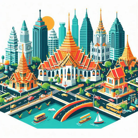 Thailand isometric city landscape with famous landmarks. Vector illustration.のイラスト素材