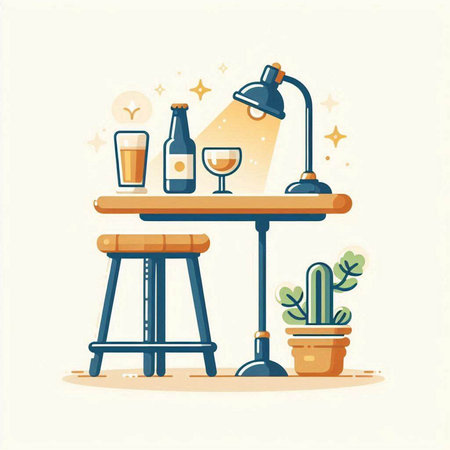 Vector illustration of a bar counter with glasses of wine and a table lampのイラスト素材