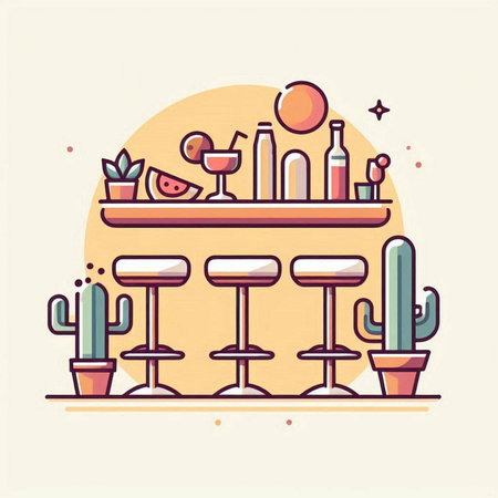 Coffee shop flat line design vector illustration. Bar counter with drinks and cacti.のイラスト素材