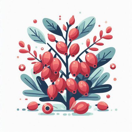 Hand drawn vector illustration of red berries, branches and leaves on white background.のイラスト素材