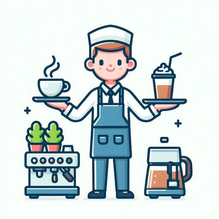 Coffee shop, barista holding cup of coffee, vector illustrationのイラスト素材