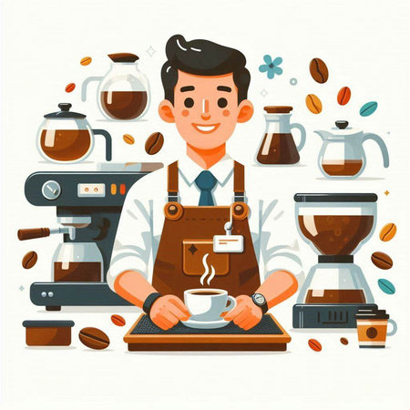 Coffee shop, barista making coffee. Vector illustration.のイラスト素材