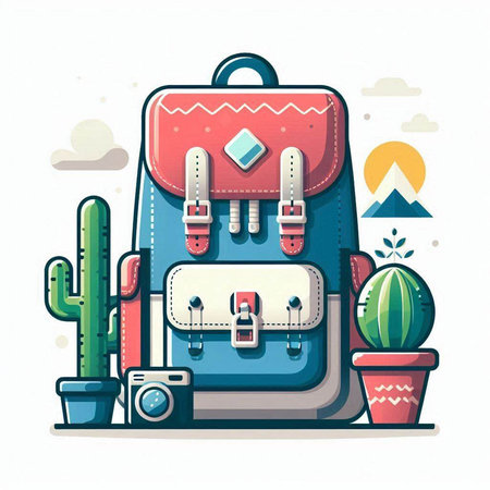 Vector illustration of a backpack and cacti in the desert.のイラスト素材