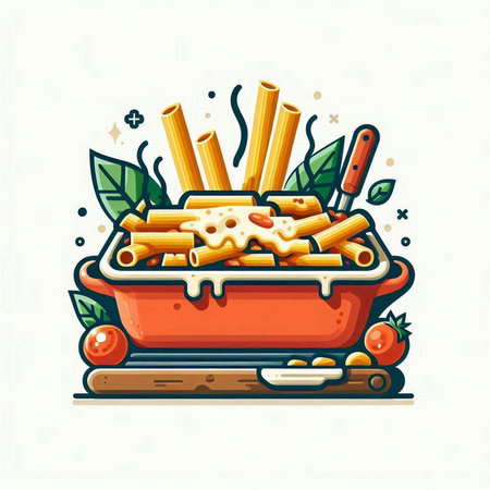 Bolognese pasta in a baking dish. Vector illustration.のイラスト素材