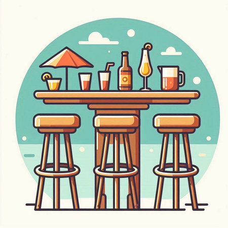 Vector illustration of a bar table with beer and drinks in flat styleのイラスト素材