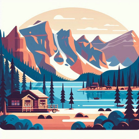Mountains, lake, forest and houses in the mountains. Vector illustrationのイラスト素材
