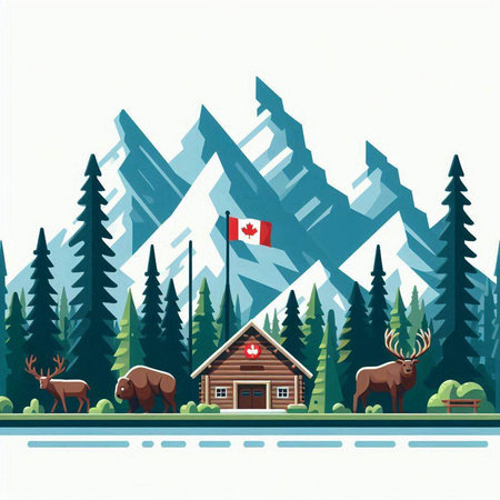 Mountains, coniferous forest and moose. Vector illustrationのイラスト素材
