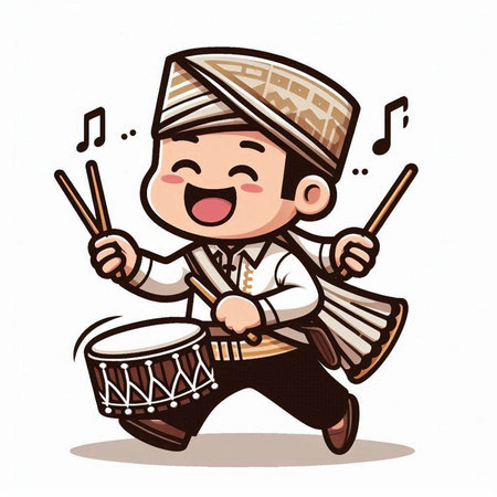 Cute Indian Boy Playing Drum Cartoon Mascot Character Vector Illustrationのイラスト素材