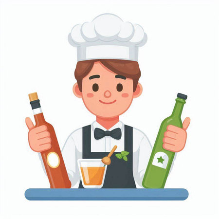 Chef with bottle and glass of wine. Vector illustration in cartoon styleのイラスト素材