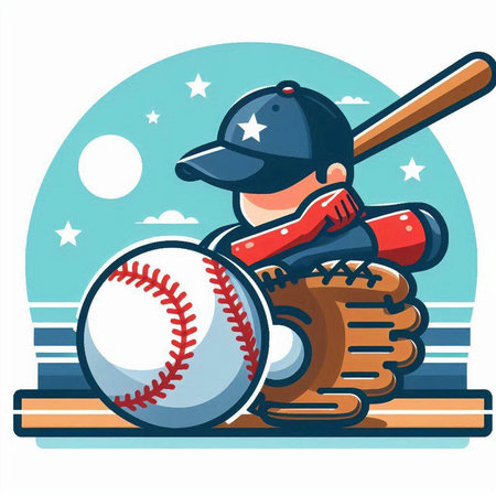 Baseball player with ball and bat. Vector illustration in cartoon style.のイラスト素材