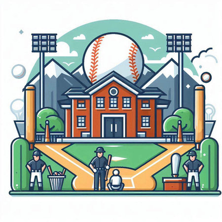 Baseball field with players and equipment. Vector illustration in flat styleのイラスト素材