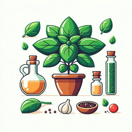 Vector illustration of a set of spices and herbs in a pot.のイラスト素材