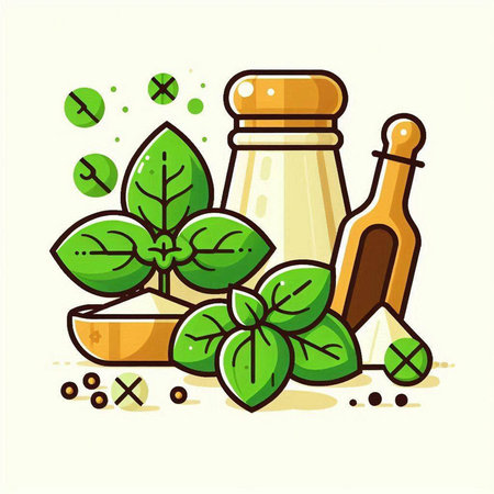 Vector illustration of green basil leaves, mortar, pestle and spices.のイラスト素材