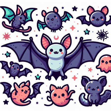 Set of cute cartoon halloween bats. Hand drawn vector illustration.のイラスト素材