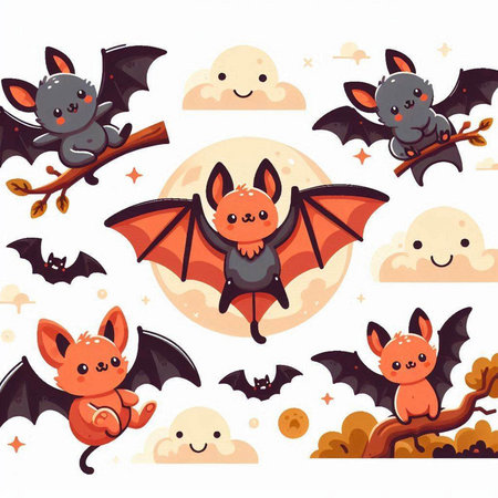 Cute cartoon halloween bats. Vector illustration isolated on white background.のイラスト素材