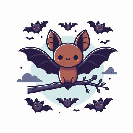 Cute cartoon bat flying on a tree branch. Vector illustration.のイラスト素材