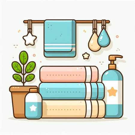 Bathroom towel and bath accessories. Vector illustration in cartoon style.のイラスト素材
