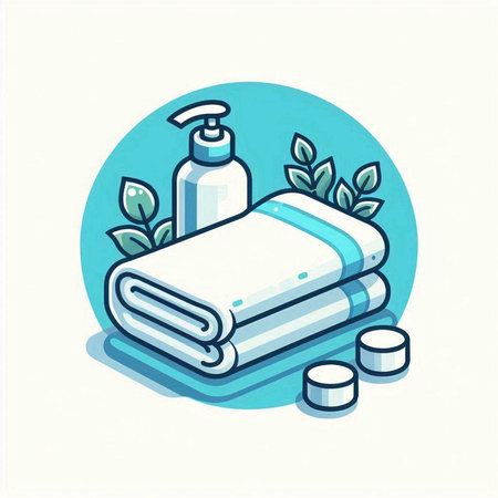 Towels and bottles of body care products. Vector illustration.のイラスト素材