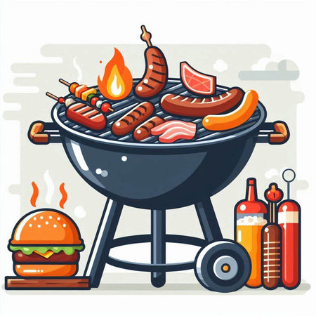 Barbecue grill with meat and vegetables. Vector illustration in cartoon styleのイラスト素材