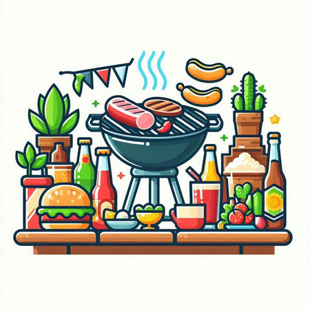 Barbecue party. Vector illustration of grill party with food and beverages.のイラスト素材