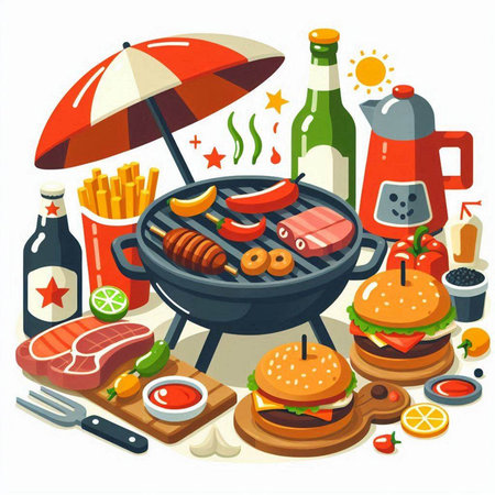 Barbeque party with food and beverages. Vector illustration in cartoon styleのイラスト素材