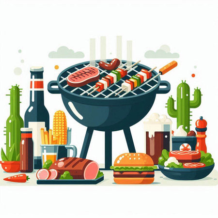 Barbecue with grilled meat, vegetables and drinks. Vector illustration.のイラスト素材