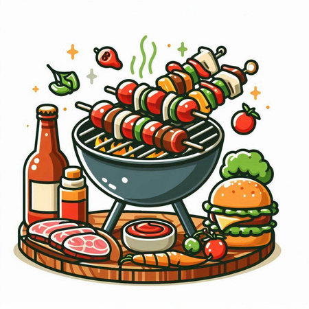 Barbecue grill with meat and vegetables. Hand drawn vector illustration.のイラスト素材
