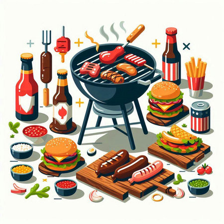Barbecue party with food. Vector illustration in isometric style.のイラスト素材