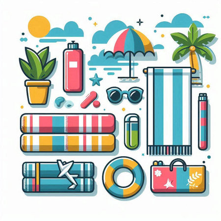 Vector flat line icons set of summer vacation and travel. Collection of beach elements.のイラスト素材