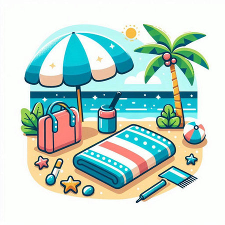 Beach vacation flat vector illustration. Vacation and travel concept.のイラスト素材