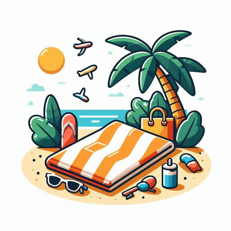 Summer vacation concept. Hand drawn vector illustration of beach and summer accessories.のイラスト素材