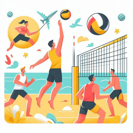 Volleyball player vector illustration. Male and female characters playing beach volleyball on sea beach.のイラスト素材