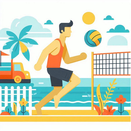 Man playing volleyball on the beach. Vector illustration in flat style.のイラスト素材