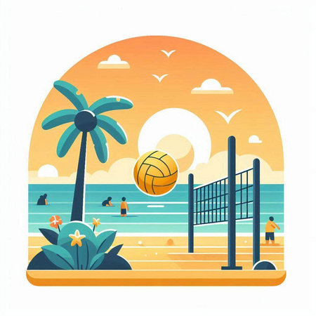 Beach Volleyball Ball and Palm Tree. Vector Illustrationのイラスト素材